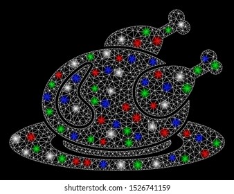 Bright mesh chicken meal with glare effect. White wire carcass polygonal mesh in vector format on a black background. Abstract 2d mesh built from polygonal grid, round dots, colorful glare spots.