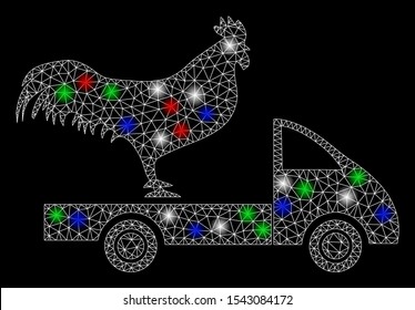 Bright mesh chicken transport car with glow effect. White wire frame triangular mesh in vector format on a black background. Abstract 2d mesh designed with triangles, spheric points,