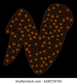 Bright mesh chicken wing with glare effect. Abstract illuminated model of chicken wing icon. Shiny wire frame triangular mesh chicken wing. Vector abstraction on a black background.