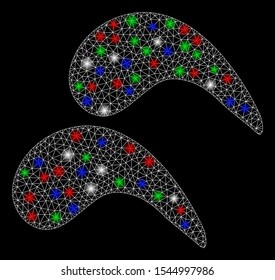 Bright mesh chicken wings with glare effect. White wire carcass polygonal network in vector format on a black background. Abstract 2d mesh designed with triangular lines, spheric points,
