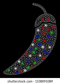 Bright mesh chili pepper with lightspot effect. White wire frame polygonal mesh in vector format on a black background. Abstract 2d mesh designed with triangles, small circle, colored light spots.