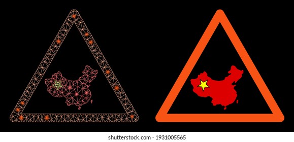 Bright mesh chinese warning with lightspot effect. Abstract illuminated model based on chinese warning icon. Shiny wire frame triangular mesh chinese warning. Vector abstraction on a black background.