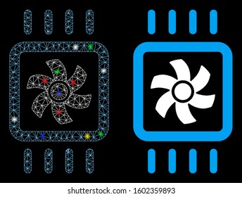 Bright mesh chip cooling icon with glare effect. Abstract illuminated model of chip cooling. Shiny wire carcass triangular mesh chip cooling icon. Vector abstraction on a black background.