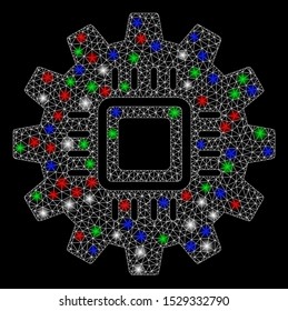 Bright mesh chip development gear with lightspot effect. White wire frame polygonal mesh in vector format on a black background. Abstract 2d mesh designed with polygonal grid, spheric points,