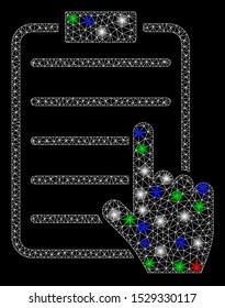 Bright mesh choose page items with lightspot effect. White wire carcass polygonal mesh in vector format on a black background. Abstract 2d mesh built from polygonal grid, dots, colorful light spots.