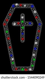 Bright mesh christian coffin with lightspot effect. White wire frame triangular mesh in vector format on a black background. Abstract 2d mesh designed with triangular lines, spheric points,