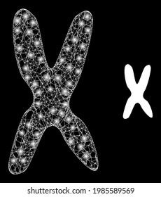 Helles Meshchromosom mit Leuchtpunkten. Flache Maschen mit linearem Rahmen, erzeugt mit Kreuzung von weißen Linien und Chromosomensymbol. Weißes Maschen- und funkelndes Maschen-Maschen-Chromosom auf schwarzem Hintergrund.