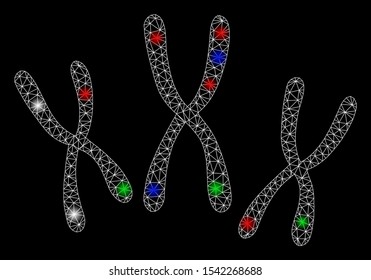 Bright mesh chromosomes with glare effect. White wire frame triangular network in vector format on a black background. Abstract 2d mesh created from triangular lines, small circle,