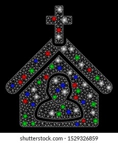 Bright mesh church person with glow effect. White wire carcass polygonal mesh in vector format on a black background. Abstract 2d mesh designed with polygonal grid, round dots, colored flare spots.