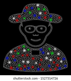 Bright mesh church shepherd with glare effect. White wire carcass triangular mesh in vector format on a black background. Abstract 2d mesh created from polygonal grid, round dots, colored flare spots.