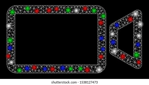 Bright mesh cinema with glow effect. White wire frame triangular mesh in vector format on a black background. Abstract 2d mesh designed with triangular lines, small circle, colored flash spots.