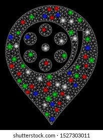 Bright mesh cinema roll marker with glow effect. White wire carcass triangular network in vector format on a black background. Abstract 2d mesh designed with triangular lines, dots,