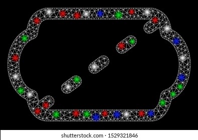 Bright mesh cinema ticket with lightspot effect. White wire carcass polygonal mesh in vector format on a black background. Abstract 2d mesh designed with polygonal grid, small circle,