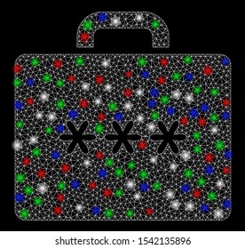 Bright mesh cipher case with glow effect. White wire frame polygonal mesh in vector format on a black background. Abstract 2d mesh designed with polygonal grid, points, colorful light spots.
