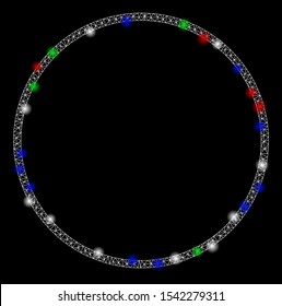 Bright mesh circle frame with lightspot effect. White wire frame polygonal mesh in vector format on a black background. Abstract 2d mesh designed with polygonal grid, round dots, colored flare spots.