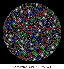 Bright mesh circle with glow effect. White wire frame polygonal mesh in vector format on a black background. Abstract 2d mesh designed with polygonal grid, points, colorful flash spots.