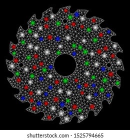 Bright mesh circular saw blade with glare effect. White wire carcass polygonal mesh in vector format on a black background. Abstract 2d mesh created from polygonal grid, points, colorful light spots.