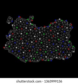 Bright mesh Ciudad Real Province map with glare effect. Wire carcass polygonal mesh in vector format on a black background. Abstract 2d mesh designed with polygonal grid, round dots,