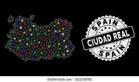 Bright mesh Ciudad Real Province map with glare effect, and stamp. Wire carcass polygonal Ciudad Real Province map mesh in vector format on a black background.