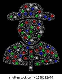 Bright mesh cleric with glare effect. White wire carcass triangular mesh in vector format on a black background. Abstract 2d mesh designed with triangles, small circle, colorful glare spots.