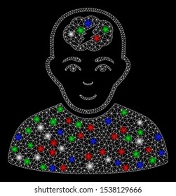 Bright mesh clever boy with lightspot effect. White wire frame triangular network in vector format on a black background. Abstract 2d mesh designed with triangular lines, small circle,