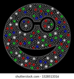 Bright mesh clever smiley with glow effect. White wire carcass triangular mesh in vector format on a black background. Abstract 2d mesh designed with triangular lines, round dots, colored glare spots.