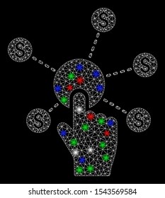 Bright mesh click financial network with lightspot effect. White wire frame polygonal mesh in vector format on a black background. Abstract 2d mesh created from polygonal grid, round dots,