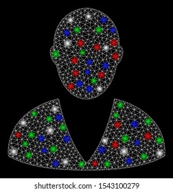 Bright mesh client with glare effect. White wire carcass polygonal mesh in vector format on a black background. Abstract 2d mesh built from polygonal grid, small circle, colorful flash spots.