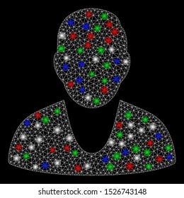 Bright mesh client with glow effect. White wire frame triangular mesh in vector format on a black background. Abstract 2d mesh designed with triangular lines, spheric points, colorful glare spots.
