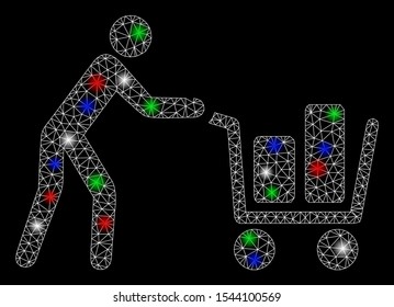 Bright mesh client with shopping cart with lightspot effect. White wire frame triangular network in vector format on a black background. Abstract 2d mesh designed with triangular lines, points,