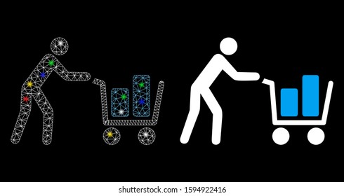 Bright mesh client with shopping cart icon with glare effect. Abstract illuminated model of client with shopping cart. Shiny wire frame triangular mesh client with shopping cart icon.