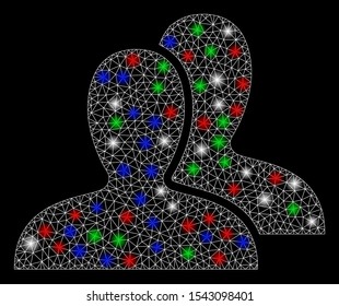 Bright mesh clients with glare effect. White wire frame triangular mesh in vector format on a black background. Abstract 2d mesh designed with triangular lines, round dots, colorful flash spots.