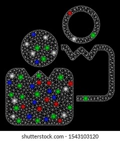 Bright mesh clients with glow effect. White wire frame polygonal mesh in vector format on a black background. Abstract 2d mesh created from polygonal grid, points, colorful glare spots.