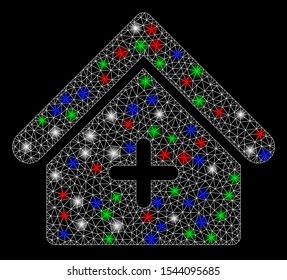 Bright mesh clinic building with glow effect. White wire carcass triangular mesh in vector format on a black background. Abstract 2d mesh designed with triangular lines, points, colorful glare spots.