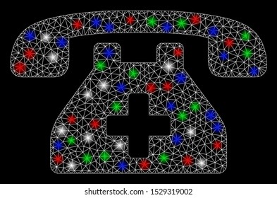 Bright mesh clinic phone with glare effect. White wire carcass polygonal network in vector format on a black background. Abstract 2d mesh designed with triangular lines, dots, colorful glare spots.