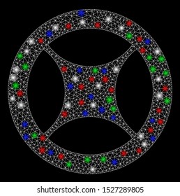 Bright mesh clock blank wheel with glare effect. White wire carcass triangular mesh in vector format on a black background. Abstract 2d mesh designed with polygonal grid, points, colorful glare spots.