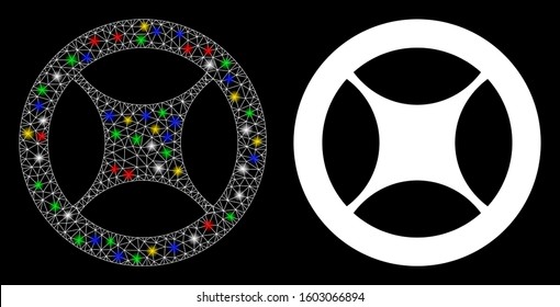 Bright mesh clock blank wheel icon with glare effect. Abstract illuminated model of clock blank wheel. Shiny wire frame triangular mesh clock blank wheel icon.