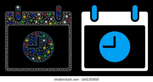Bright mesh clock calendar day icon with glitter effect. Abstract illuminated model of clock calendar day. Shiny wire frame triangular mesh clock calendar day icon.
