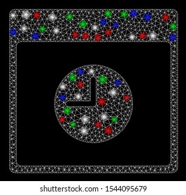 Bright mesh clock calendar page with glow effect. White wire carcass polygonal mesh in vector format on a black background. Abstract 2d mesh created from polygonal grid, spheric points,