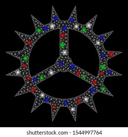 Bright mesh clock cog with glow effect. White wire carcass polygonal mesh in vector format on a black background. Abstract 2d mesh designed with polygonal grid, points, colored flash spots.