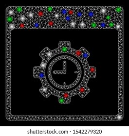 Bright mesh clock configuration gear calendar page with lightspot effect. White wire carcass triangular mesh in vector format on a black background. Abstract 2d mesh built from triangular lines,