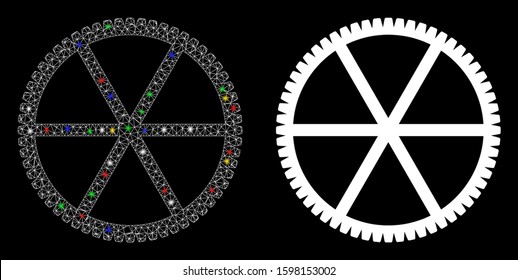 Bright mesh clock gear icon with lightspot effect. Abstract illuminated model of clock gear. Shiny wire frame triangular mesh clock gear icon. Vector abstraction on a black background.