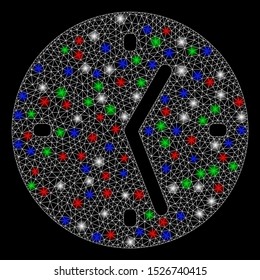 Bright mesh clock with glare effect. White wire carcass triangular network in vector format on a black background. Abstract 2d mesh designed with triangular lines, small circle, colored glare spots.