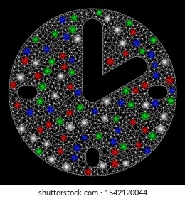 Bright mesh clock with lightspot effect. White wire frame polygonal mesh in vector format on a black background. Abstract 2d mesh designed with polygonal grid, dots, colorful light spots.