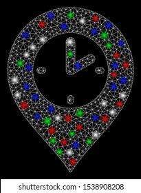 Bright mesh clock marker with lightspot effect. White wire frame polygonal mesh in vector format on a black background. Abstract 2d mesh designed with polygonal grid, points, colorful light spots.