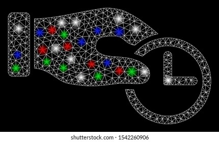 Bright mesh clock properties with lightspot effect. White wire frame polygonal mesh in vector format on a black background. Abstract 2d mesh designed with triangles, spheric points,