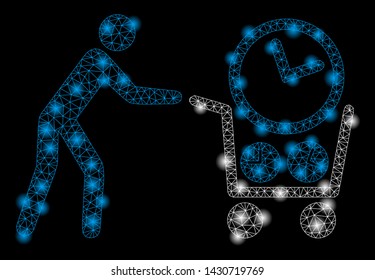 Bright mesh clock shopping with lightspot effect. Abstract illuminated model of clock shopping icon. Shiny wire frame triangular mesh clock shopping. Vector abstraction on a black background.