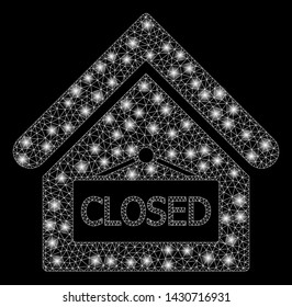 Bright mesh closed office with glare effect. Abstract illuminated model of closed office icon. Shiny wire carcass polygonal mesh closed office. Vector abstraction on a black background.