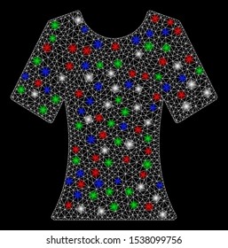 Bright mesh clothes with lightspot effect. White wire carcass triangular mesh in vector format on a black background. Abstract 2d mesh designed with triangular lines, small circle,