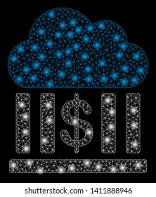 Bright mesh cloud bank with glare effect. Abstract illuminated model of cloud bank icon. Shiny wire carcass triangular mesh cloud bank abstraction in vector format on a black background.